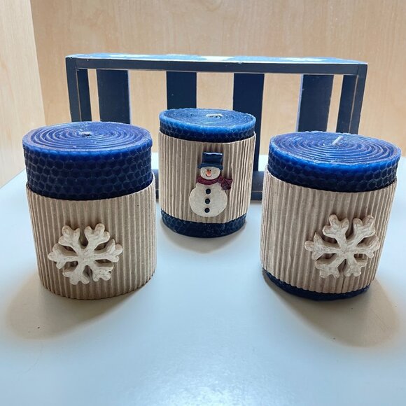 Decorative Wooden Blue Snowman & Snowflake Candle Holder Set With 3 Textured Blu - Picture 9 of 12